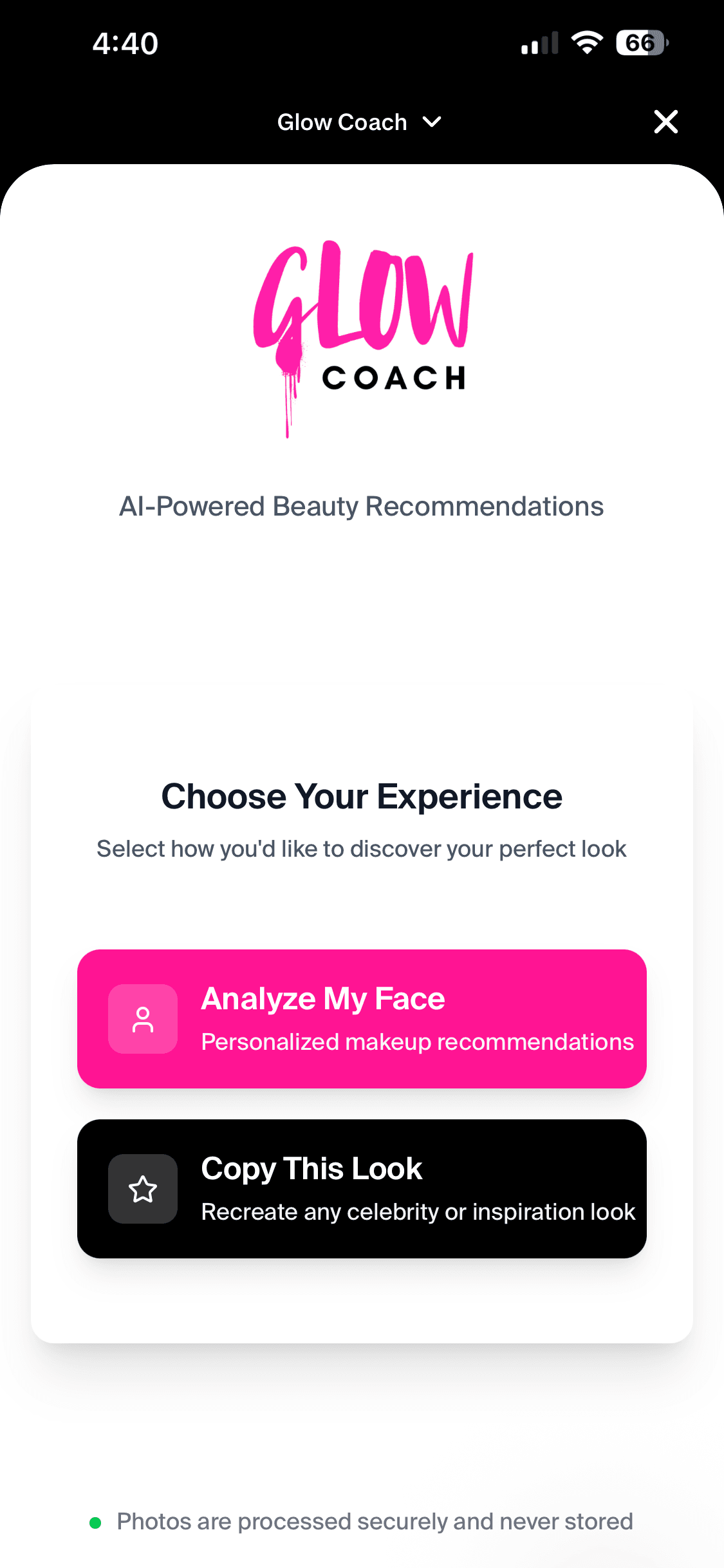 Glow Coach landing screen with AI-powered beauty recommendations